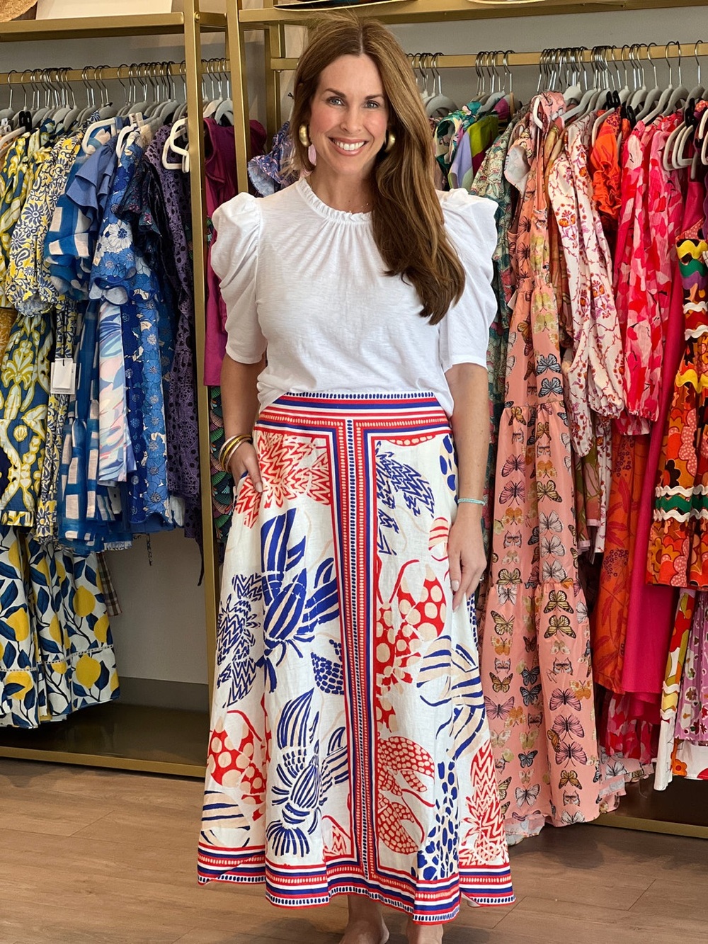 GORGEOUS!! FARM Rio linen Mixed Lobster Midi Skirt NEW W/O TAGS LARGE